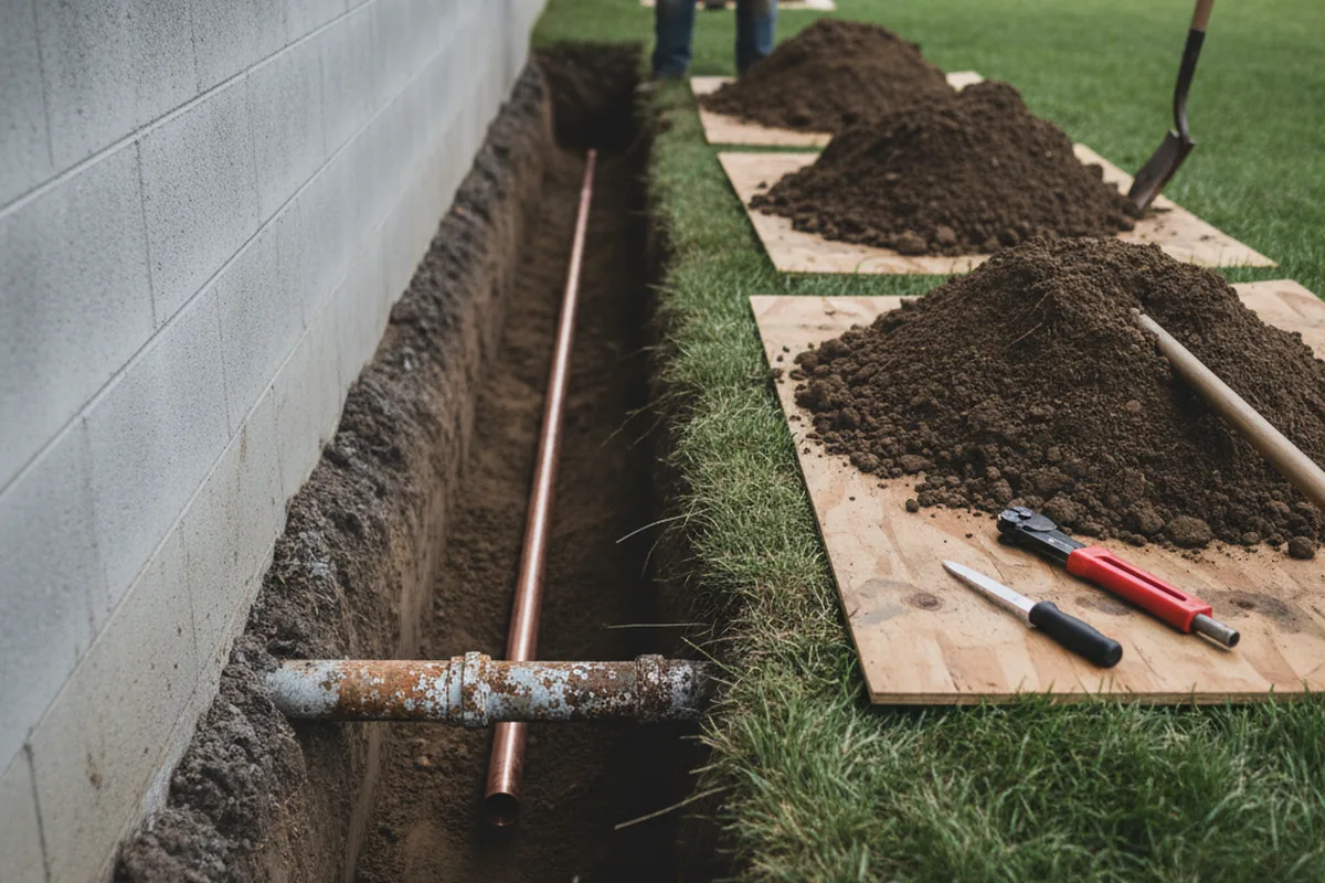 Excavated water line trench during Sewer Line Repair in Pollok